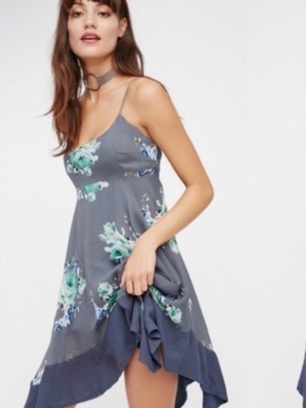 Free People Faded Bloom Mini Slip Dress Size XS Grey/Blue Festival Ready